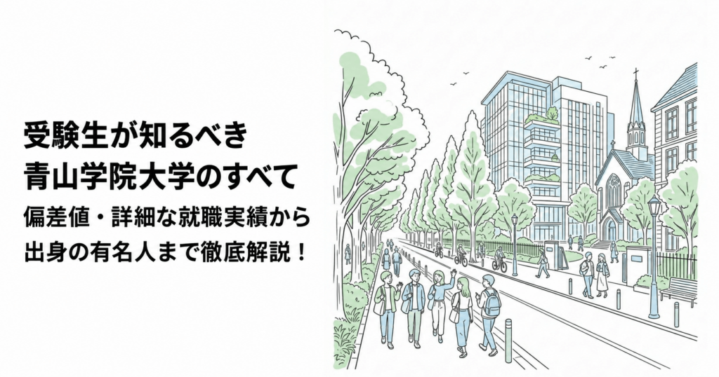 青山学院大学の偏差値・就職実績・出身者を紹介する記事の表紙。並木道と学生、校舎のイラスト
