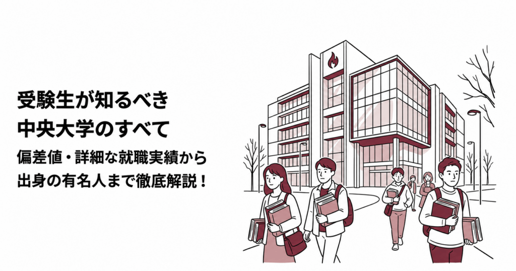 中央大学の偏差値・就職実績・出身者を紹介する記事の表紙。校舎と学生を描いたイラスト