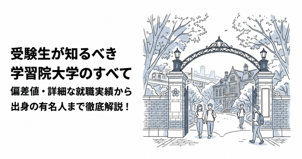 学習院大学の偏差値・就職実績・出身者を紹介する記事の表紙。校門や学生を描いたイメージイラスト