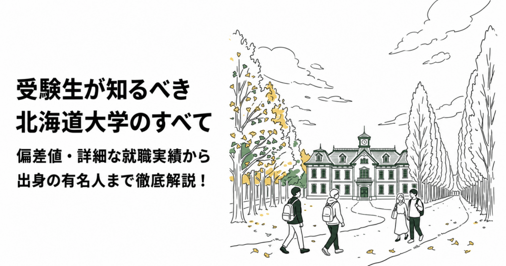 北海道大学の偏差値・就職実績・出身者を紹介する記事の表紙。緑の校舎、並木道と学生のイラスト