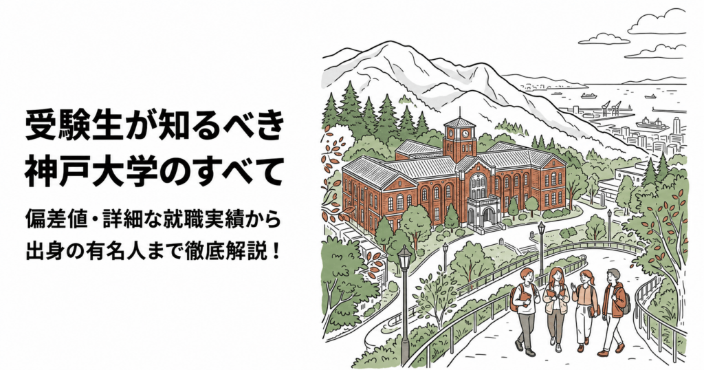 神戸大学の偏差値・就職実績・出身者を紹介する記事の表紙。山と湾、校舎や学生を描いたイメージイラスト
