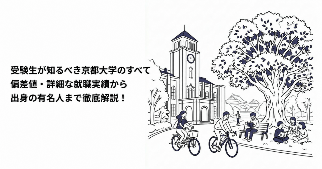 京都大学の偏差値・就職実績・出身者を紹介する記事の表紙。時計塔と学生のイラスト