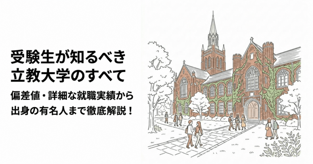 立教大学の偏差値・就職実績・出身者を紹介する記事の表紙。赤れんがの校舎と学生のイラスト