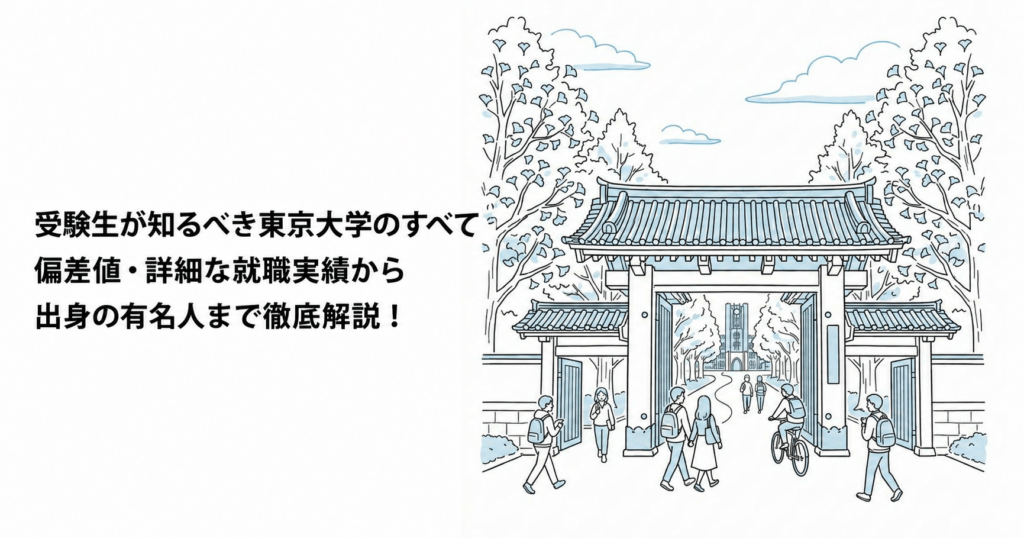 東京大学の偏差値・就職実績・出身者を紹介する記事の表紙。門と学生のイラスト