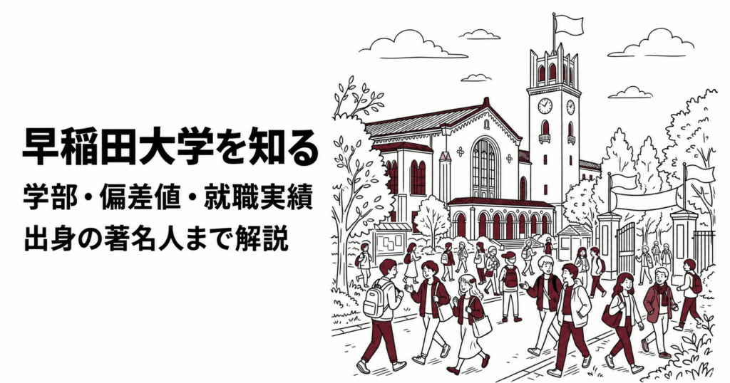 早稲田大学の学部・偏差値・就職実績と出身の著名人を紹介する記事のイラスト