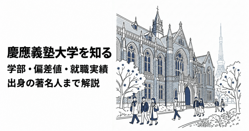 慶應義塾大学の学部・偏差値・就職実績と出身の著名人を紹介する記事のイラスト