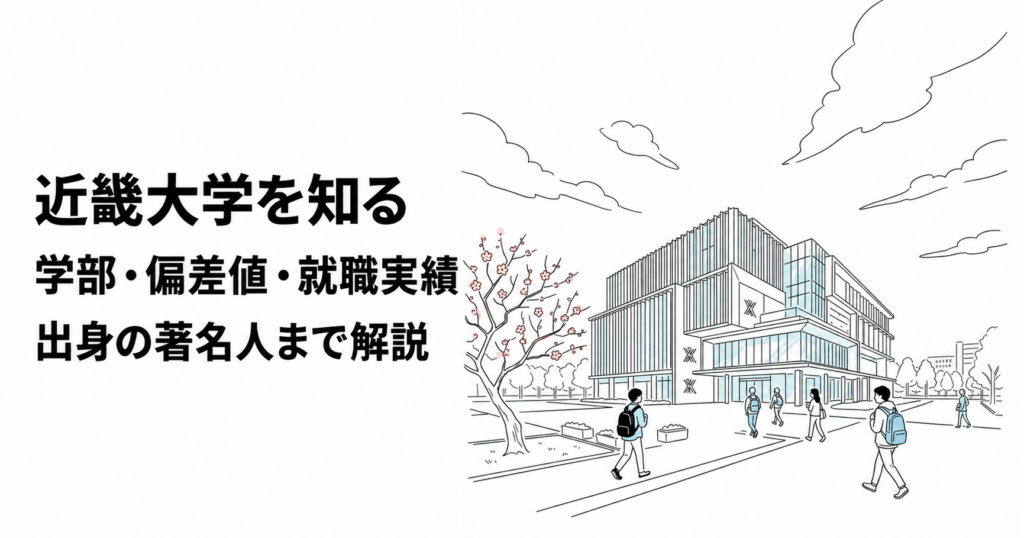 近畿大学の学部・偏差値・就職実績と出身の著名人を紹介する記事のイラスト