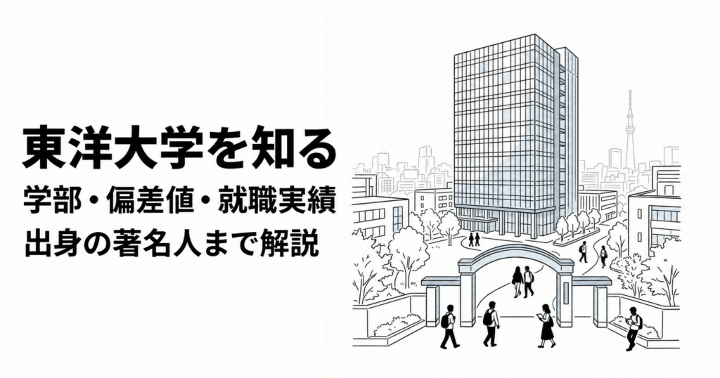 東洋大学の学部・偏差値・就職実績と出身の著名人を紹介する記事のイラスト