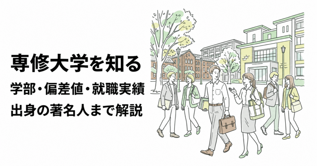 専修大学を知る。学部・偏差値・就職実績、出身の著名人まで解説する記事のイメージイラスト