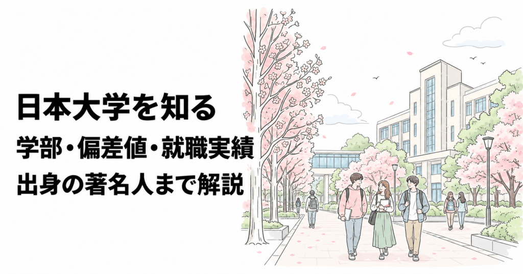 日本大学を知る。学部・偏差値・就職実績、出身の著名人まで解説する記事のイメージイラスト