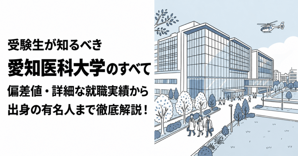 愛知医科大学の学部・入試・進路を紹介する記事用イメージイラスト。病院、白衣の学生、ヘリコプターを描いたもの。