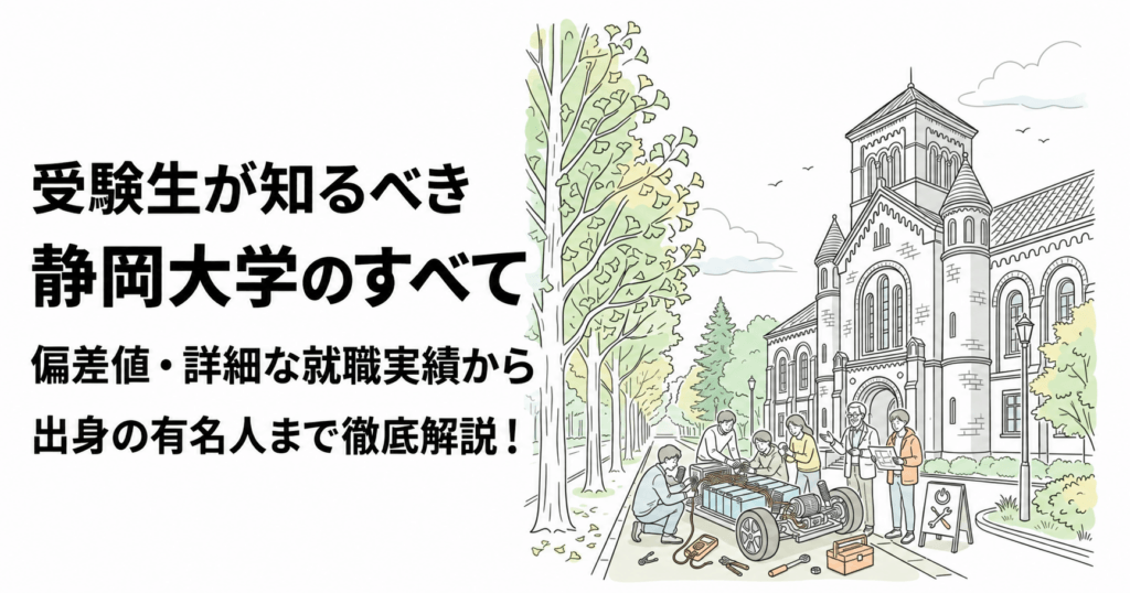 静岡大学の偏差値・就職実績・出身者を紹介する記事の表紙。校舎や樹木、小型の車を制作する学生を描いたイメージイラスト