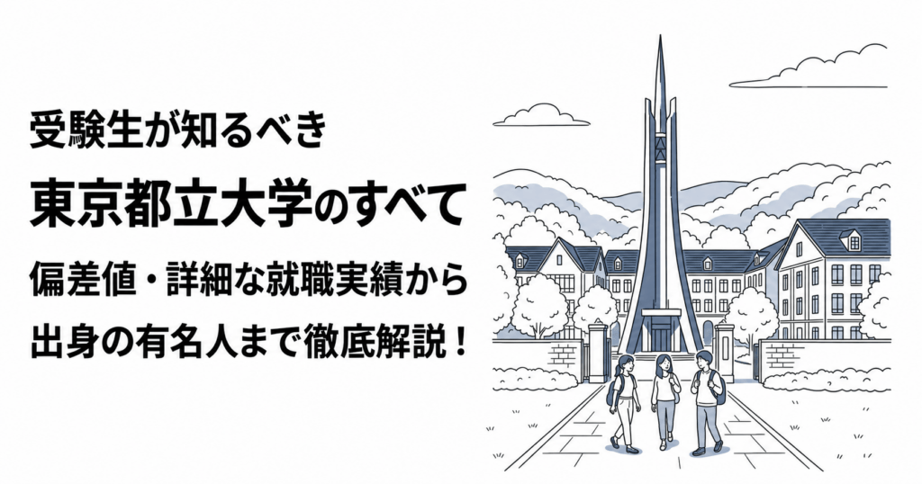 東京都立大学の偏差値・就職実績・出身者を紹介する記事の表紙。塔や校舎、木々と学生を描いたイメージイラスト