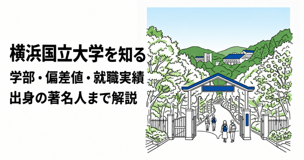 横浜国立大学を知る。学部・偏差値・就職実績、出身の著名人まで解説する記事のイメージイラスト